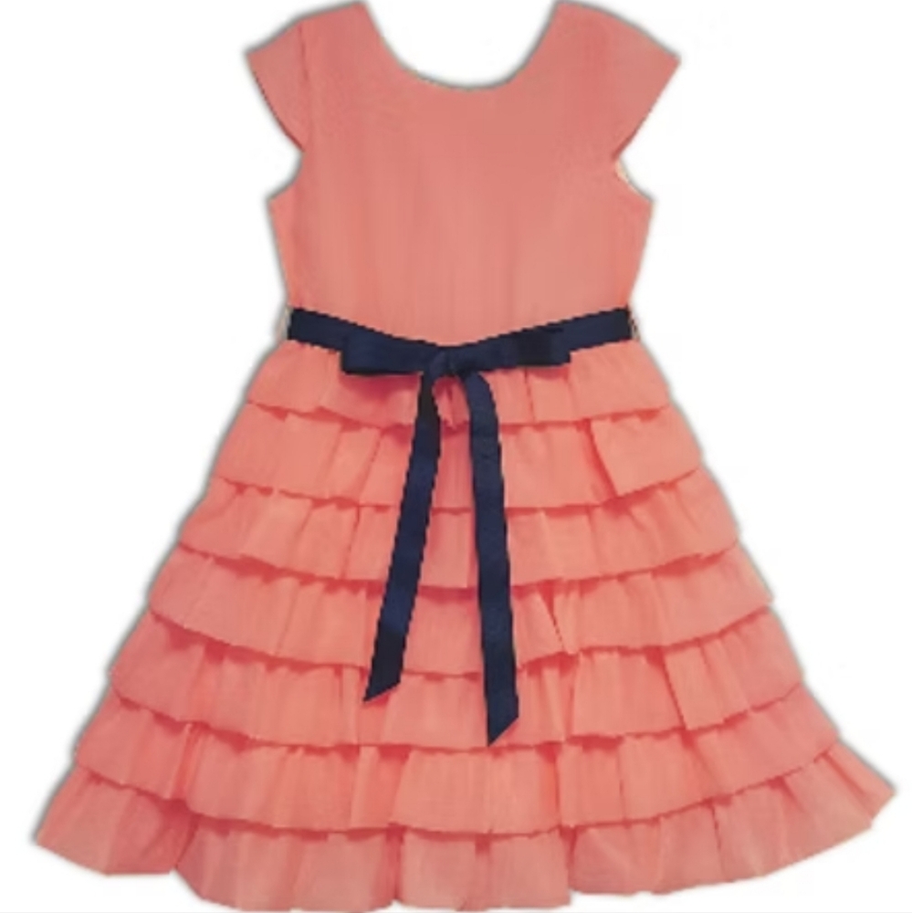 Elegant Coral Kids Dress with Black Belt